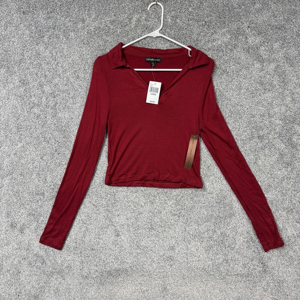 Almost Famous Cropped Top Womens Large Red Ribbed Knit V-Neck Cropped Preppy Y2K